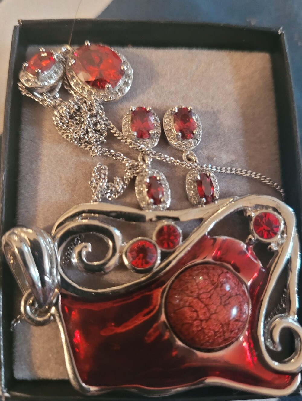 Sterling-Tone Necklace with Red Halo Gemstone Pendant And Extra Pendant